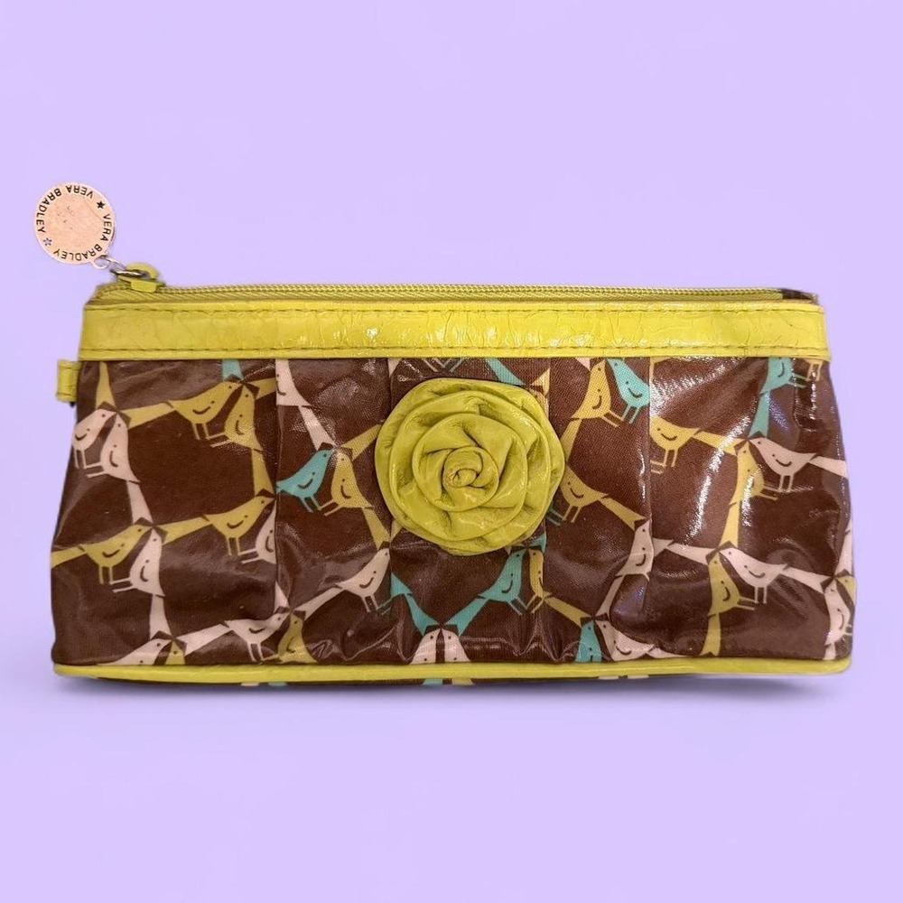 Vera‎ Bradley Cosmetic Pouch Brown Yellow Small Bird Print Boho Travel Bag